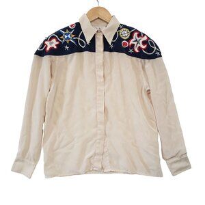 Vintage Cedars Western Silk Blouse Embroidered Leather Patches Size 8 Glam Rodeo